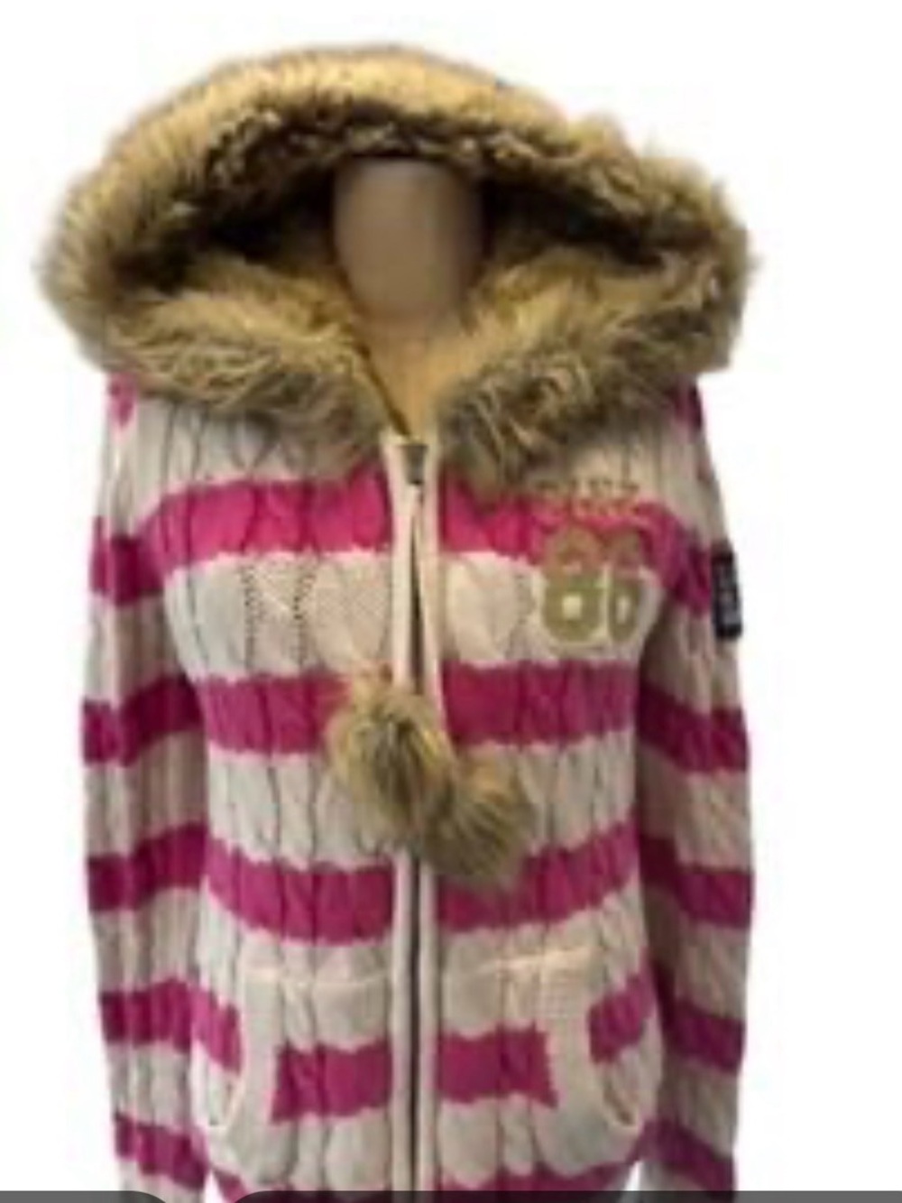 PINK Victoria's Secret women’s Striped Cable-Knit Hooded Jacket in Pink & Cream - Picture 2 of 3